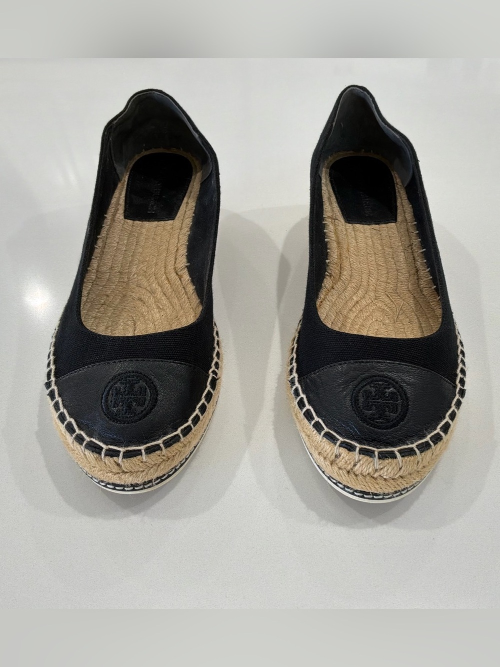 Tory Burch Weston Espadrille Flats Black Canvas Leather Logo Toe Women’s 9 - Picture 2 of 9